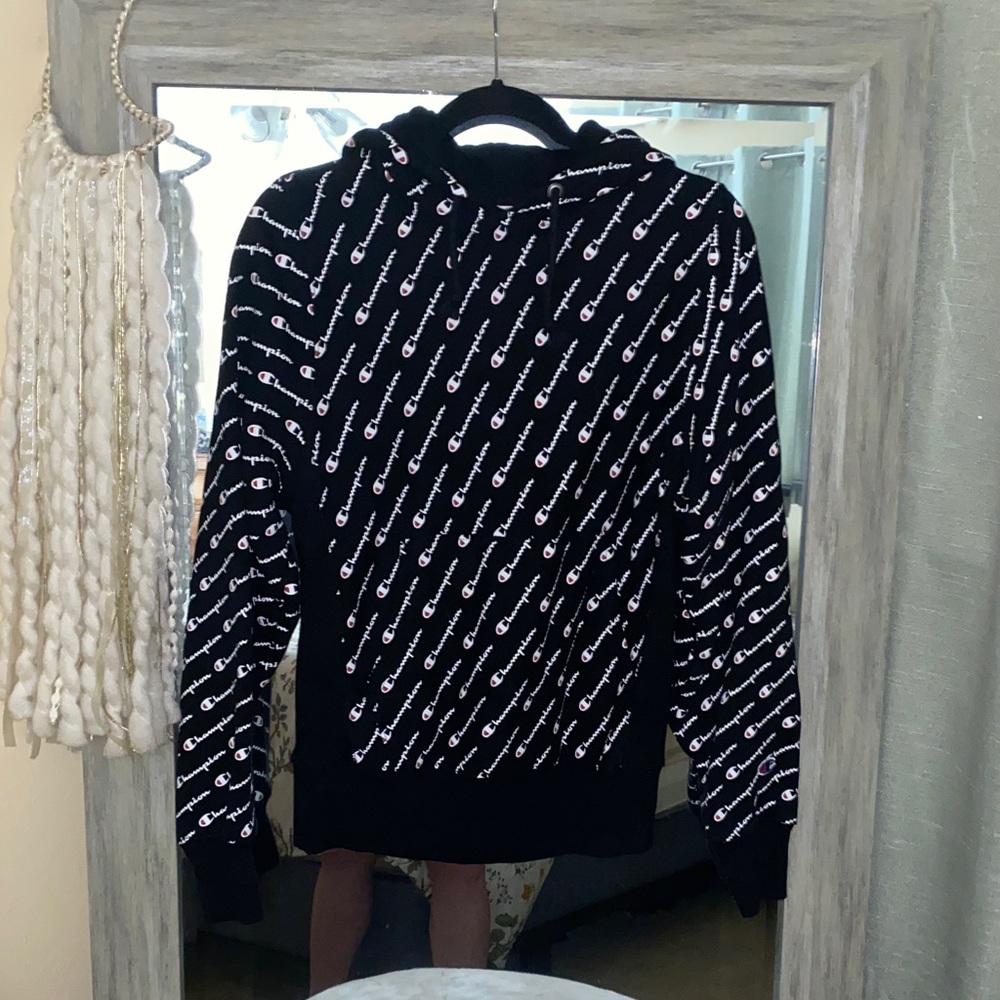 Champion Black Hoodie with White Script Design